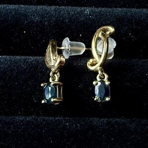 Gold-plated Silver Drop Earrings with Dark Blue Gemstones - Women Jewelry